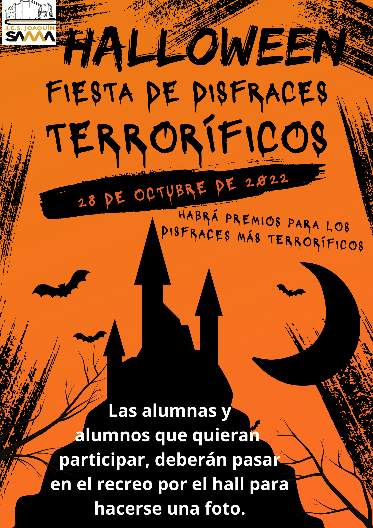 Póster halloween fiesta de disfraces terror negro y naranja