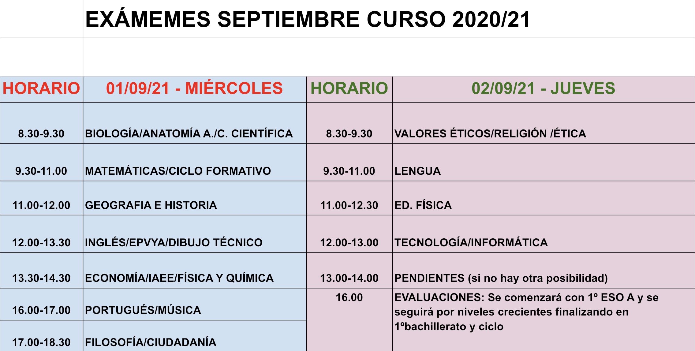 CALENDARIO EXÁMENES SEPT 20 21