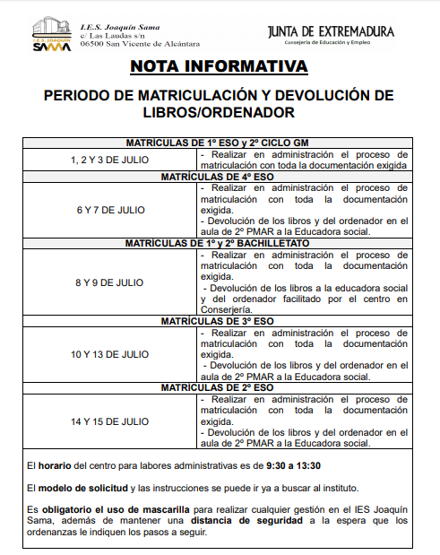 PERIODO DE MATRICULACIÓN Y DEVOLUCIÓN actualizado