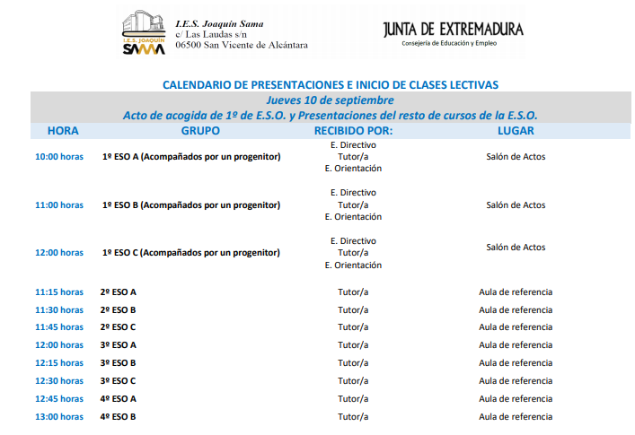 HORARIO PRESENTACIONES PRIMER DÍA