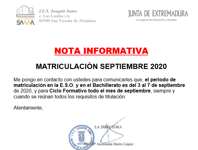 MATRICULACIÓN SEPTIEMBRE