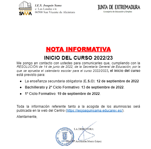 Calendario inicio curso